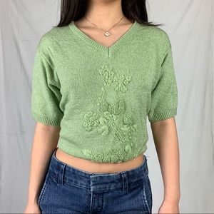 medium green floral short sleeve sweater